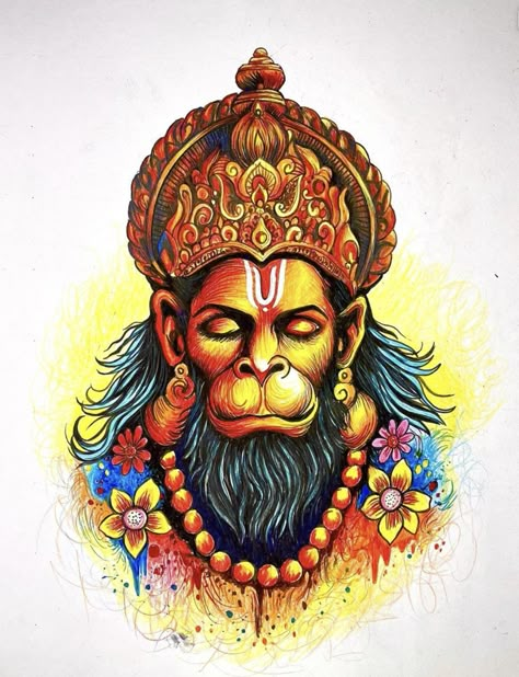 Hanuman Ji Drawing Pencil Colour, Hanuman Painting Acrylic On Canvas, Hanuman Ji Painting Acrylic, Hanumanji Tattoo, Hanuman Sketch, Hanuman Ji Photo, Hanuman Ji Drawing, Brush Pen Ideas, 12 Jyotirlinga