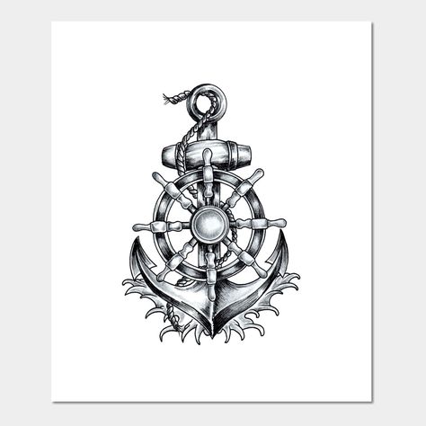 Anchor And Wheel Tattoo, Pirate Anchor Tattoo, Rudder Tattoo, Pirate Ship Tattoo Drawing, Wheel Tattoo Design, Ship Wheel Tattoo, Anchor Compass Tattoo, Anchor Drawings, Red Flower Tattoos