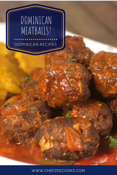 Dominican Style Stewed Meatballs! These Albondigas Guisadas are EVERYTHING that you need and more! All you need is grass-fed ground beef, garlic, Dominican oregano, fresh veggies and tomato sauce. Slow cook these homemade meatballs and serve with white rice and Dominican Style Beans. Definitely a classic and authentic Dominican recipe! #DominicanFood #DominicanRecipes #MeatballRecipe #Albondigas #CarneGuisada #SpanishRiceAndBeans Dominican Food Authentic, Dominican Recipes Authentic, Dominican Food Recipes, Dominican Dishes, Dominican Cuisine, Dominican Dish, Dominicano Recipes, Dominican Style, Dominican Recipes