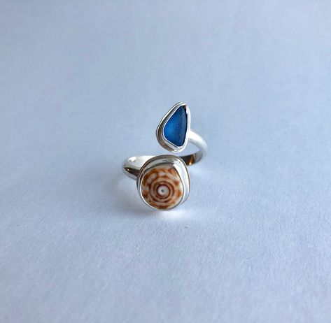 Cobalt Sea Glass and Shell Ring, Adjustable Ring, Shell and Blue Sea Glass Ring, Size 7-7.5 - Sea Glass Collection by bridgetturner on Etsy Sea Glass Collection, Gold Wave Ring, Dope Jewelry Accessories, Sea Glass Ring, Sea Jewelry, Shell Ring, Blue Sea Glass, Glass Ring, Dope Jewelry