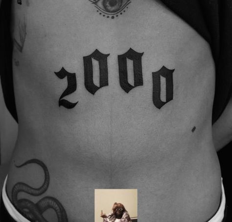 Number Stomach Tattoos, 2002 Stomach Tattoo, Since 2000 Tattoo, Birth Year Tattoo Stomach, Year Stomach Tattoo, 2000 Tatoos, Est 2000 Tattoo Ideas, Year 2000 Tattoo, 2000 Font Tattoo