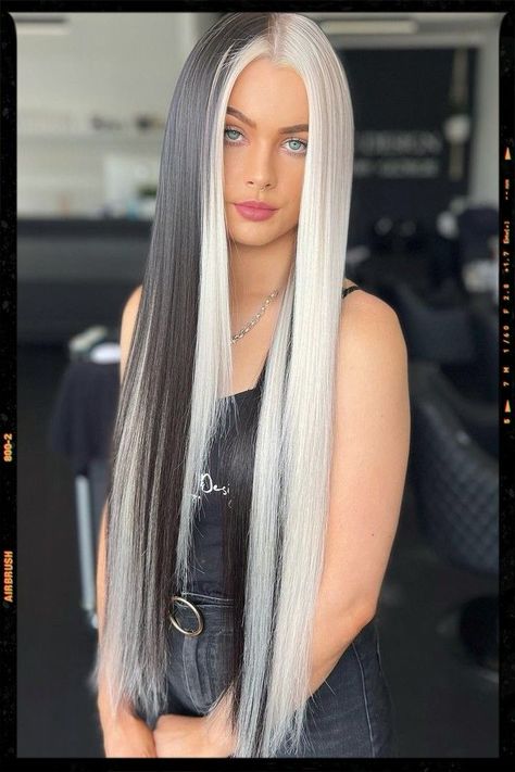 Black And Blonde Hair Straight, White And Black Hair Color, Half Silver Half Black Hair, Black White Hair Color, Half Platinum Half Black Hair, Black And White Dyed Hair, Black And White Hair Ideas, Platinum Blonde Hair With Black Streaks, Long Black And White Hair