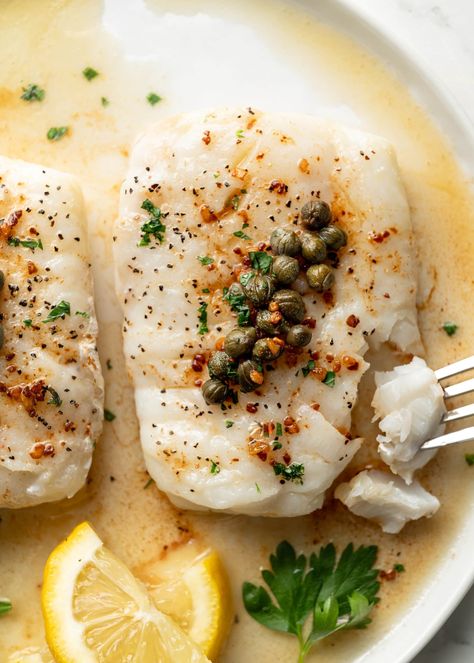 Brown Butter Cod with Capers Cod With Capers, Butter Cod, Capers Recipe, Roasted Cod, Brown Butter Sauce, Lemon Wedge, Pickle Relish, Brown Butter, Paleo Gluten Free