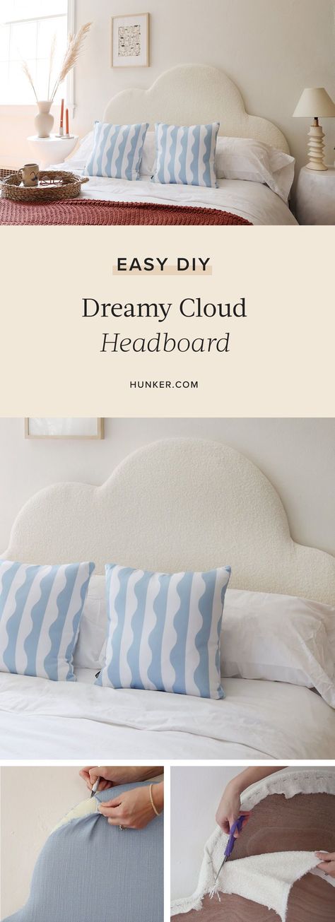 Whether you're decorating your own room, a guest room, or updating a growing kid's room, this cloud headboard will guarantee they drift off to dreamland in style. #hunkerhome #diy #diycloudheadboard #diyheadboard How To Make Clouds For Room, Diy Cloud Headboard, How To Make Cloud Room Decor, Light Up Clouds Diy Bedroom, Cloud Headboard, Diy Cloud Wall Light, Diy Clouds, Diy Headboards, Diy Headboard