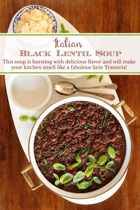 If you enjoy Italian food, you're going to love this Italian Black Lentil Soup! It's bursting with delicious flavor and has a heavenly aroma as it cooks! #blacklentilsoup, #Italiansoup, #lentilsoup Mediterranean Recipes Easy, Black Lentil Soup, Best Mediterranean Recipes, Artisan Rolls, Black Lentils, French Lentils, Lentil Soup Recipes, Italian Soup, Kitchen Smells