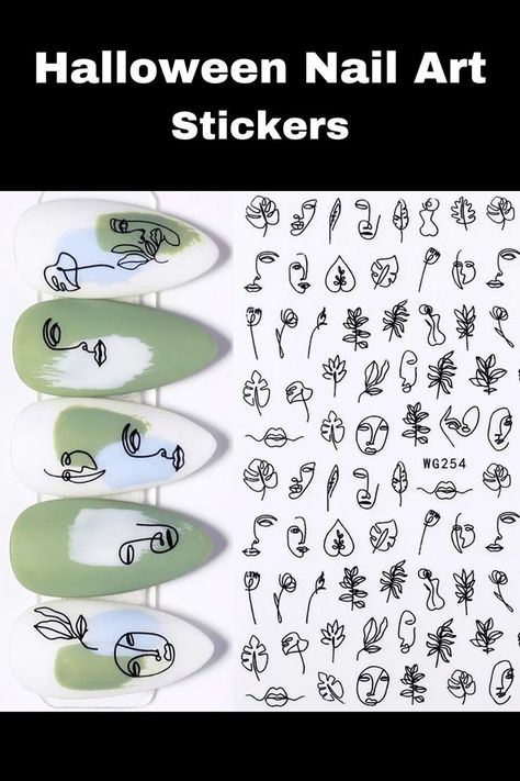 Nail Art With Stickers Design, Nails Stickers Designs, Nail Art With Stickers, Nails With Stickers Design, Abstract Face Nail Art, Leaf Nail Design, Face Nail Art, Nail Art Drawing, Sticker Nails