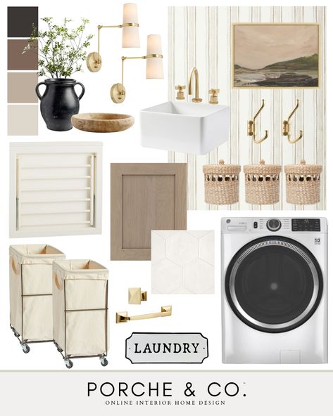 The interior designers at Porche & Co. are sharing a few of our laundry room mood boards. Laundry rooms can be beautiful and functional with small touches of decor and organizational items like baskets, hampers and glass containers. Don't be afraid to add room decor to your laundry room. The mood boards we share in this blog will give you some great home decor inspiration for the laundry room. #laundryroomdecorideas #laundryroommoodboard Board Ideas For Bedroom, Home Decor Mood Board, Board Design Ideas, Decor Mood Board, Modern Laundry Rooms, Post Holiday, Laundry Room Makeover, Laundry Room Ideas, Online Interior Design