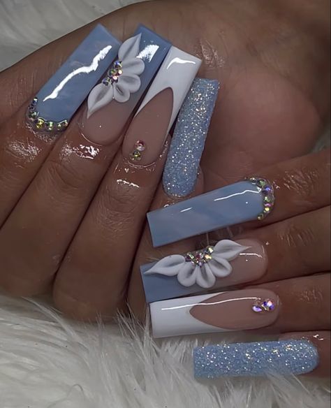 Cinderella Blue Nails For Prom, Nail Art With Rhinestones Simple, Navy Blue Nail Designs For Prom, Blue Inspired Nails, Medium Length Nails Acrylic Square Design, Vacation Nails Long, Quince Nails Pink, Promotion Nails, Cinderella Nails