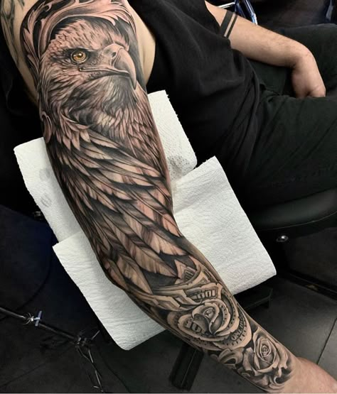 Eagle Shoulder Tattoo Men Half Sleeves, Eagle Tattoo Sleeve Men, Eagle Tattoo Men Shoulder, Sleeve Cover Up Tattoo Men, Eagle Cover Up Tattoo, Hawk Tattoo Back, Eagle Sleeve Tattoos For Women, Tattoo Eagle Arm, Mens Eagle Tattoo