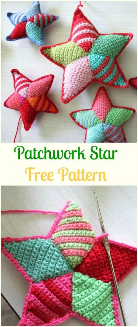 Patchwork Star, Crochet Star, Baby Crochet Patterns Free, Crochet Xmas, Crochet Ornaments, Crochet Stars, Crochet Decoration, Holiday Crochet, Crochet Christmas Ornaments