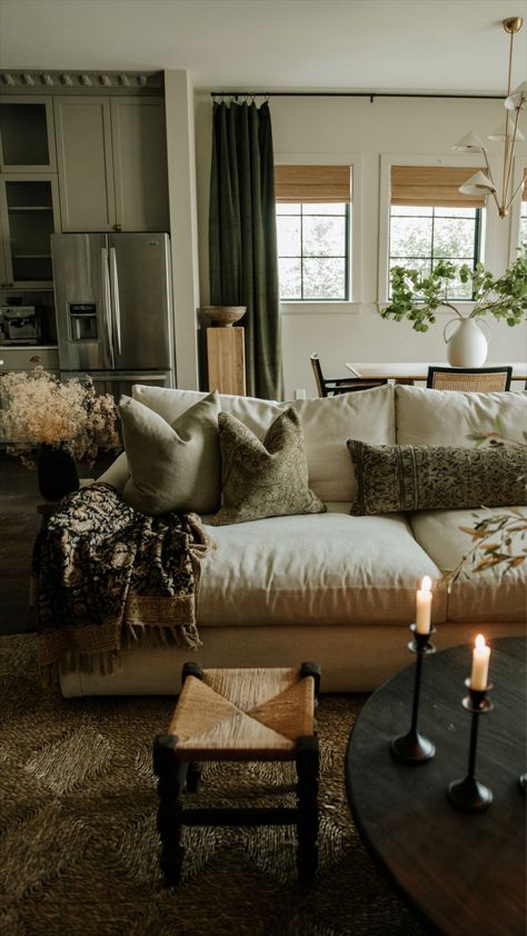 Two Rug Living Room, Swedish Cozy Interior, Scandi Traditional Interior, Interior Design For Dark Rooms, Vintage Transitional Living Room, Dark Floors White Walls Living Room Interior Design, Antique Vibe Living Room, Moody Nature Aesthetic Home, Natural Vintage Interior