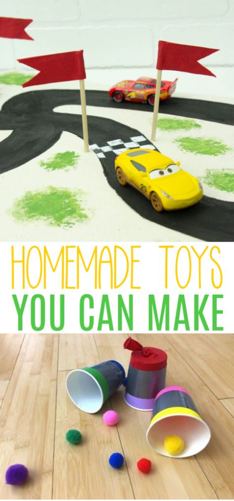 Think you can’t make your own toys for your kids? Think again. We have rounded up some really fun ideas for homemade toys you can make. These are perfect for rainy day activities or to give as a gift.We’ve got a racetrack, a marble run, memory game, doll furniture, and more. There’s something here for everyone who’s young or young at heart. Toy From Recycled Materials, Homemade Toys For Toddlers, Diy Toys For Toddlers, Homemade Toys For Kids, Toy Crafts For Kids, Toys For Kids To Make, Homemade Gifts For Kids, Homemade Kids Toys, Upcycle Toys