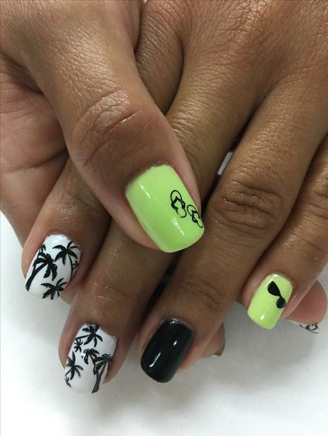 Summer Vacation Palm Tree Flip Flop Sunglasses Gel Nails Tropical Vacation Nails Simple, Flip Flop Nails, Almond Nails Designs Summer, Beach Themed Nails, Gel Nails Long, Sea Nails, Vacation Tropical, Gel Nails French, Cruise Nails