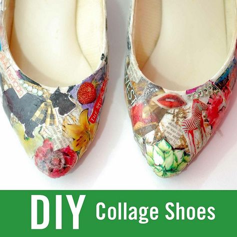 Sandal Diy, Diy Collage, Shoe Goo, Collage Diy, Fashion Collage, Decorated Shoes, Tutorial Diy, Mod Podge, Diy Shoes