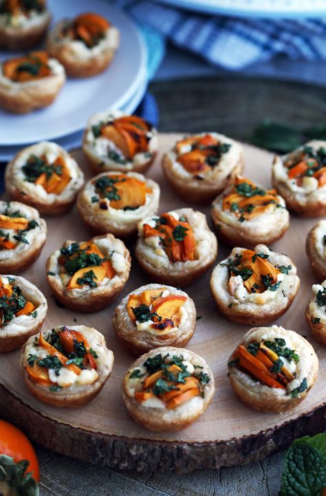 Persimmon Goat Cheese Tartlets Thanksgiving Appetizers Ideas, Cheese Tartlets, Ricotta Crostini, Appetizers Ideas, Persimmon Recipes, Summer Appetizers Easy, Tartlets Recipe, Creamy Goat Cheese, Quick Appetizers