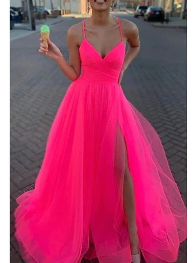 Pink Tulle Evening Dress, Pink Tulle Prom Dress, Prom Dresses Long Pink, V Neck Prom Dresses, Tulle Evening Dress, Pink Formal Dresses, Graduation Dresses, Pink Prom, Cute Prom Dresses