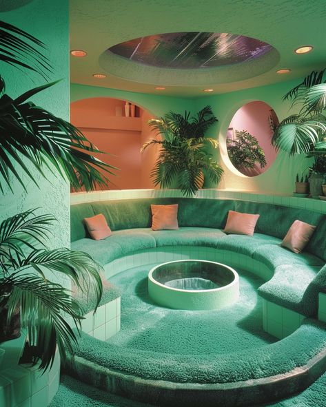 [AI] Send me to a mint green conversation pit and I’ll be happy 🌱 Get your wall posters on liminaldestinations.com (link in bio!) • • • • (AI images — MJ 6) #80sinterior #1980sinterior #80saesthetic #1980s #80svibes #80snostalgia #80sdecor #80s #vintage #interiordesign #homedecor #luxuryhomes 80s Conversation Pit, Pimp Aesthetic, Conversation Pit 70's, Surrealist Architecture, 70s Sofa, Vintage Basement, 80’s Decor, Forest Castle, 1980s Interior