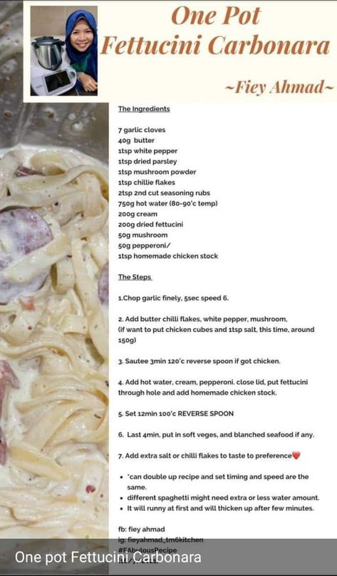 Carbonara Fettucini Carbonara, Carbonara Ingredients, Homemade Chicken Stock, Carbonara Recipe, Mushroom Powder, Chilli Flakes, Chopped Garlic, White Pepper, Thermomix Recipes