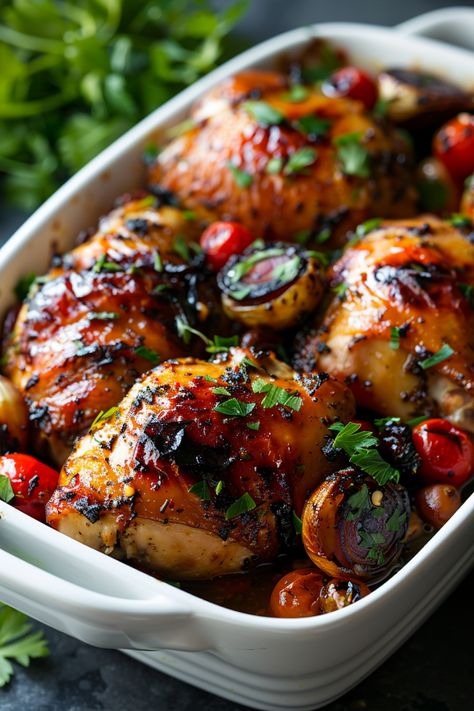 Roasted chicken thighs with herbs, cherry tomatoes, and red onions in a white baking dish. Chicken Marbella, Mediterranean Chicken Recipes, Chicken Thigh Recipes, Chicken Dishes Recipes, Poultry Recipes, Yum Yum Chicken, Marbella, Chicken Dinner Recipes, Easy Chicken Recipes