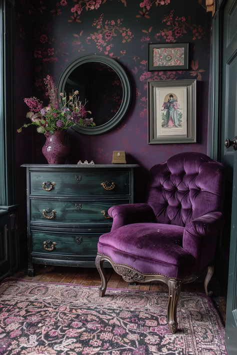 antique bedroom, whimsy goth bedroom, goth bedroom, dark bedroom inspo Whimsical Goth Bedroom Decor, Elegant Goth Living Room, Goth Lounge Room, Small Gothic Apartment, Lavender Goth Aesthetic, Whimsy Goth Room Aesthetic, Dark Green Whimsigoth Bedroom, Purple Green Bedroom Aesthetic, Vintage Dark Bedroom Aesthetic