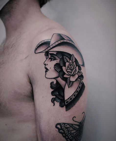 Cowgirl Shoulder Tattoo, Western Lady Tattoo, Cow American Traditional Tattoo, Loon Tattoo Traditional, Zz Top Tattoo, Mexican Cowgirl Tattoo, Old School Cowgirl Tattoo, Cowgirl Face Tattoo, Even Cowgirls Get The Blues Tattoo