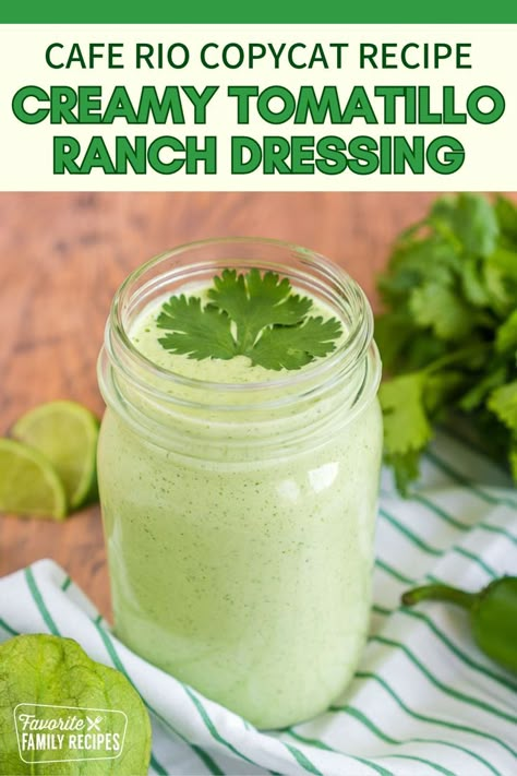 This Creamy Tomatillo Ranch Dressing recipe is a copycat of our favorite menu item at Cafe Rio. This dressing is spicy and tangy and so good. It goes well served over salads, burritos, quesadillas, and more! Plus this salad dressing recipe is so simple — just toss all the ingredients in the blender and blend away! Copycat Cafe Rio Dressing, Cafe Rio Tomatillo Ranch Dressing, Tomatillo Ranch, Cafe Rio Burrito Recipe, Cafe Rio House Dressing Recipe, Tomatillo Dressing Cafe Rio, Tomatillo Ranch Dressing, Cafe Rio Dressing, House Dressing Recipe