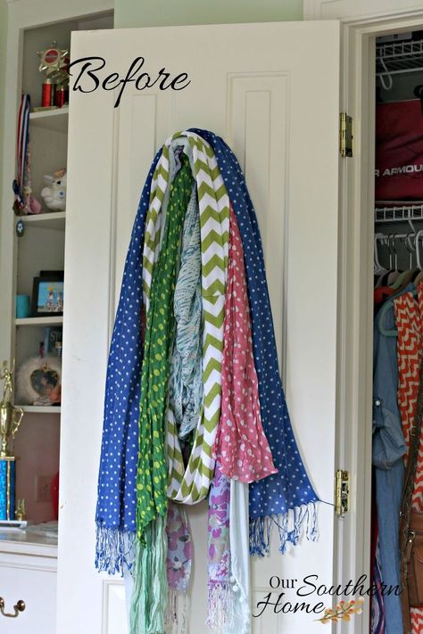 Thrift+Store+Scarf+Organizer Winter Scarf Storage, Diy Scarf Hanger, How To Store Scarves, Scarf Organizer, Scarf Display, Hanging Scarves, Scarf Storage, Ikea Mirror, The Swap