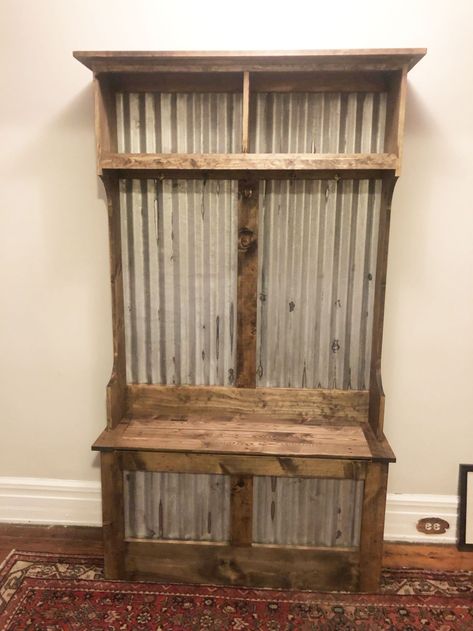 Rustic Hall Tree, Rustic Hall Trees, Farmhouse Hall Trees, Barn Board Projects, Rustic Entryway Table, Hall Tree Storage Bench, Hall Tree Bench, Barn Wood Crafts, Mudroom Design