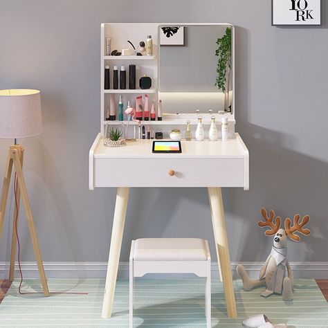 Simple Dressing Table, White Vanity Table, Small Dressing Table, Minimalist Organization, Makeup Vanity Stools, Makeup Vanities, Dressing Table Design, Vanity Table Set, Make Up Desk Vanity