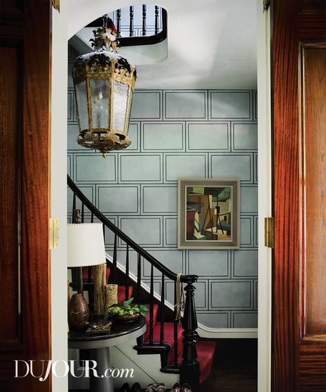 Inside Steven Gambrel's Restored Townhouse - DuJour Orange Cabinets, Steven Gambrel, Venetian Plaster Walls, Lacquered Walls, Marble Island, Collections Of Objects, Bronze Mirror, Entry Hallway, Venetian Plaster