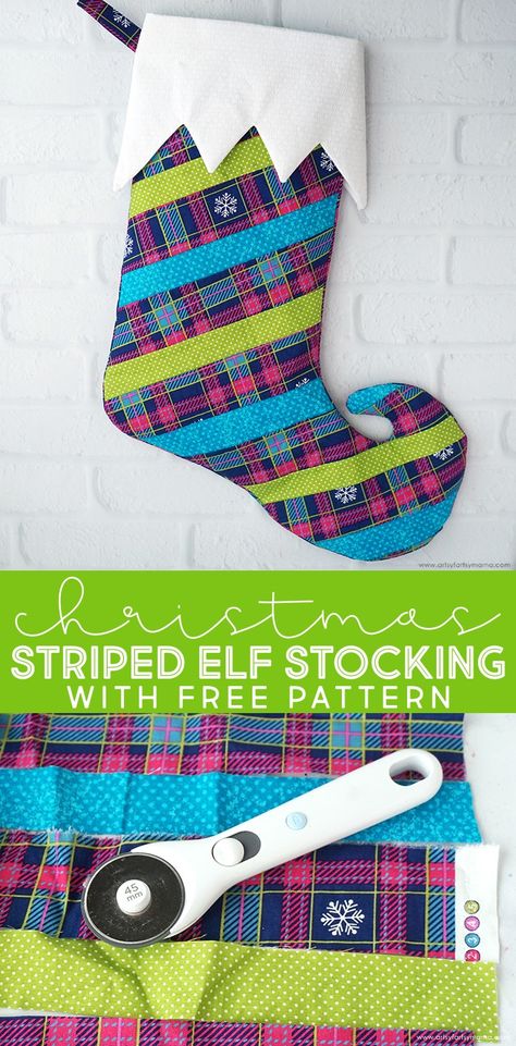 DIY Striped Elf Christmas Stocking with Free Pattern #christmas #christmasstocking #diystockings #elf #sewing #sewingtutorial #freepattern #stockingpattern #christmascrafts #christmassewing #sewfun Elf Stocking Pattern, Diy Christmas Stocking Pattern, Stocking Pattern Free, Striped Christmas Stocking, Diy Projects To Make And Sell, Elf Stocking, Unique Christmas Stockings, Diy Stockings, Christmas Stockings Diy