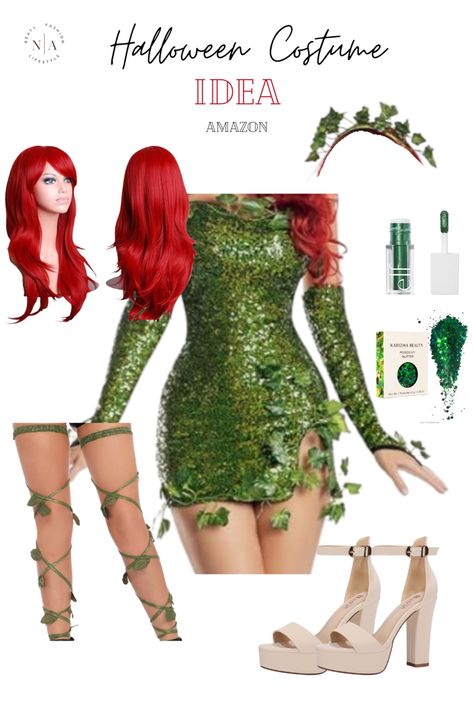 Cat Women And Poison Ivy Costume, Poison Ivy Accessories, Position Ivy Costume, Diy Posion Ivy Costume, Poison Ivy Costume Couple, Halloween Costumes Poison Ivy, Green Dress Halloween Costume, Green Ivy Costume, Poison Ivy Costume Ideas