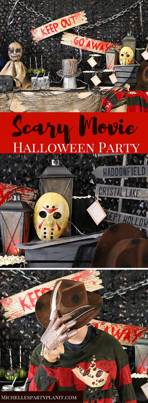 This is so scary! Scary Movie Halloween Party Horror Themed Party, Halloween Party Scary, Scary Movie Night, Movie Birthday Party, Diy Halloween Games, Movie Themed Party, Halloween Movie Night, Horror Party, Halloween Party Ideas