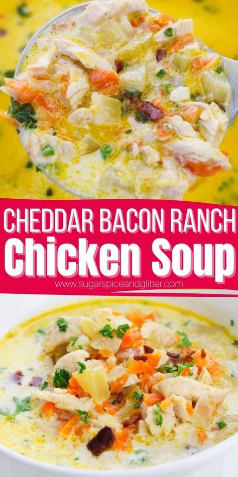 Loaded with filling, flavorful ingredients from aromatic vegetables to tender, juicy chicken and plenty of bacon, cheese and ranch seasoning, today's Cheddar Bacon Ranch Chicken Soup recipe is sure to become a family favorite! Chicken Bacon Ranch Soup, Ranch Soup, Ranch Chicken Soup, Ranch Seasoning Recipes, Bacon Ranch Chicken, Homemade Ranch Seasoning, Homemade Ranch, Raw Chicken, Chicken Bacon Ranch