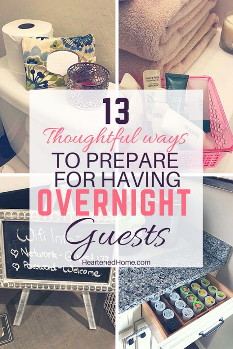 13 Thoughtful ways to prepare for Overnight Guests - Make your guests feel ultra welcome and comfortable with these ideas for making their stay memorable. | Heartenedhome.com #homedecor #hosting #overnightguests House Guest Basket, Guest Gift Basket, Organising Hacks, Guest Room Baskets, Guest Welcome Baskets, Guest Basket, House Guest Gifts, Guest Room Essentials, Cozy Guest Rooms