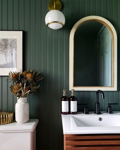 Painting your walls a bold color is one of our favorite ideas for a small bathroom remodel. Featured here is Clare's best-selling dark green paint color, Current Mood. Dark Green Bathrooms, Bold Bathroom, Dark Bathrooms, Cabin Bathrooms, Bathroom Paint Colors, Hall Bathroom, Downstairs Bathroom, Upstairs Bathrooms, Green Bathroom