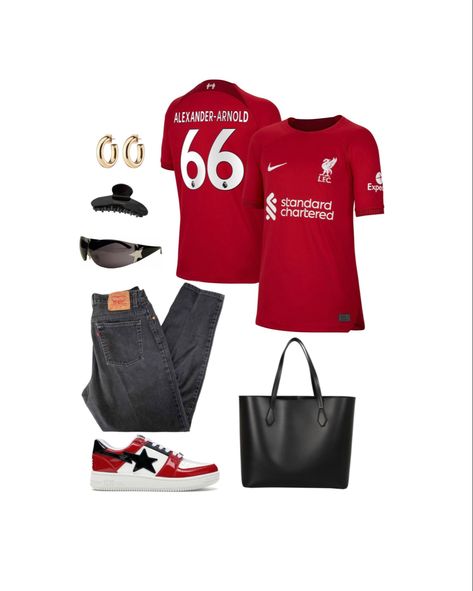 football wag outfit inspo liverpool trent alexander arnold Liverpool Shirt Outfit, Liverpool Outfit Women, Football Wags Outfits, Trent Alexander Arnold Girlfriend, Trent Alexander Arnold Aesthetic, Liverpool Outfit, Wag Outfits, Liverpool Shirt, Sport Fits