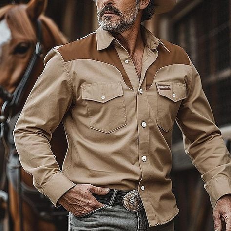 Cowboy Vintage Western Style Men's Shirt Long Sleeve Outdoor Work Street Fall & Winter Turndown Button Print Khaki Polyester 2024 - $28.99 Cowboy Fashion For Men, Rodeo Outfits Men, Mens Cowboy Shirts, Cowboy Shirts For Men, Vintage Western Style, Tuxedo Shirt Men, Cowboy Vintage, Cowboy Design, Womens Basic Tops