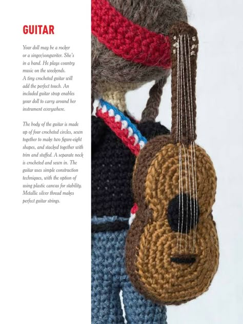 Crochet Guitar Pattern Free, Crochet Guitar, Crochet Music, Crochet Hello Kitty, Hello Kitty Crochet, Guitar Patterns, Crochet Doll Tutorial, Diy Pom Pom, Doll Wig