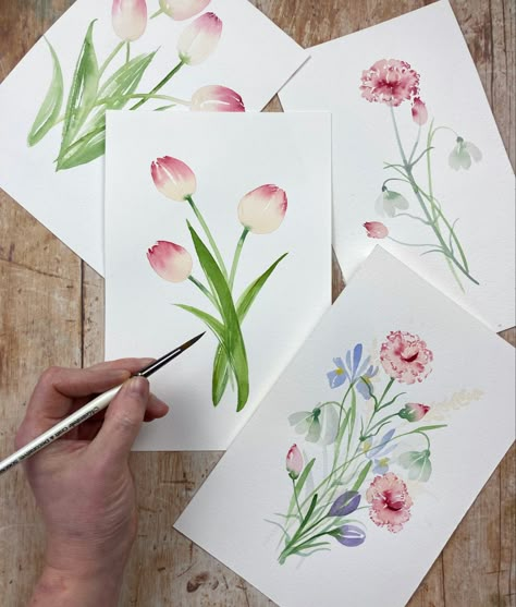 Watercolour Floral Tutorial, Watercolour Spring Flowers, Watercolour Tutorials Watercolor Lesson, Watercolor Card Tutorial, Watercolour Pencil Art Ideas, Easy Watercolor Flowers For Beginners, Watercolour Pencil Art, Watercolour Tulips, Watercolour Painting For Beginners