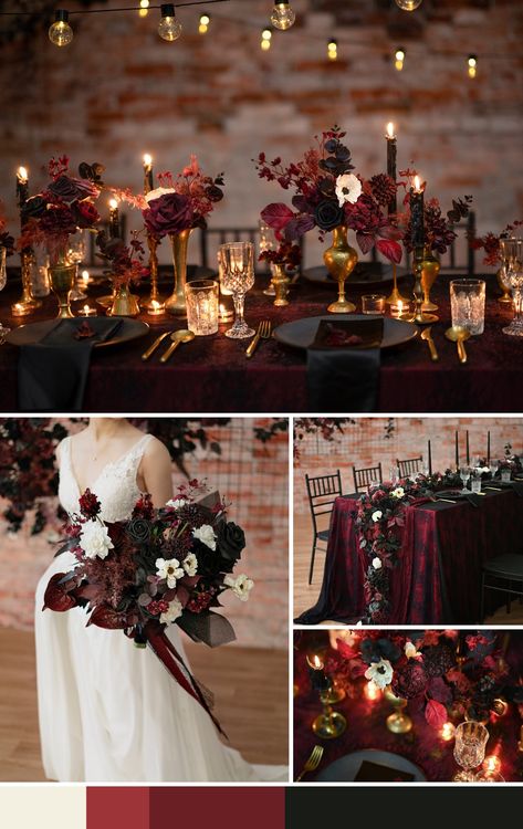 Dark Red Moody Wedding, Garnet Black Gold Wedding, Burgundy Black Wedding Decor, Fall Black Wedding Color Schemes, Darker Wedding Colors, Wine Red Black And Gold Wedding, Burgundy And Black Balloon Garland, Wine And Copper Wedding Colors, Black And Burgundy Gothic Wedding