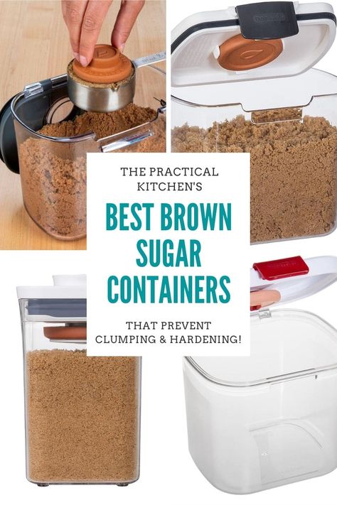 Brown sugar is a baking pantry staple, but how do you keep brown sugar from hardening? You need the right brown sugar container! Especially if you don't use brown sugar that often. These containers were designed specifically for brown sugar, and with brown sugar's unique storage container needs in mind. Each one has an airtight seal and built-in reusable terra cotta disk that can keep brown sugar soft for up to six months. Sugar And Flour Storage Ideas, Flour And Sugar Containers On Counter, Sugar And Flour Container, Flour And Sugar Containers, How To Store Flour, Flour Storage Containers, Baking Pantry, Baking Organization, Flour Storage