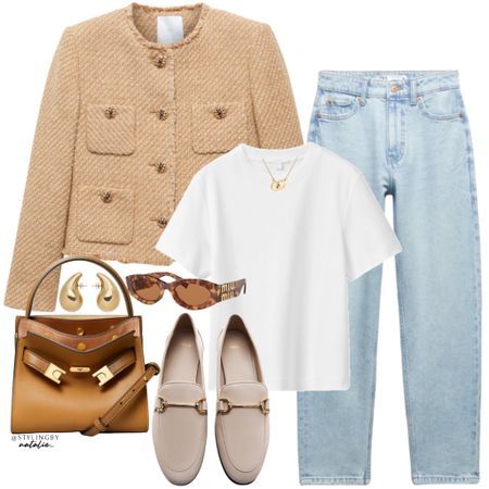 Tan Loafers Outfit Women, Tan Loafers Outfit, Tweed Blazer Outfit Women, Tan Jacket Outfit, Jewellery Casual, White Loafers Outfit, Loafers Outfits, Tweed Jacket Outfit, Womens Tweed Jacket