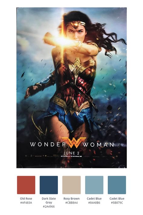 Wonder Woman Color Palette, Poster Color Palette, Wonder Woman Poster, Stitch Palettes, Disney Princess Colors, Woman Poster, Marvel Coloring, Cinema Colours, Wonder Woman Art