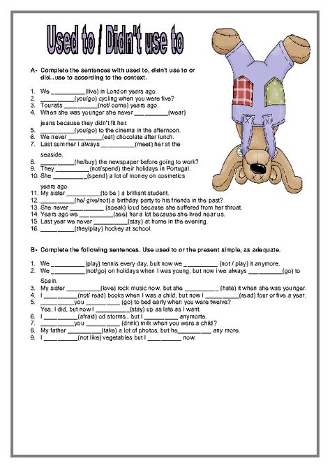 Used To / Didn't Use To Elementary Worksheet Do And Does Worksheet, Used To Grammar, Used To Worksheet, Do Did Does Worksheet, Don't Have Doesn't Have Worksheet, Articles Worksheet With Answers For Grade 2, Determiners Grammar Worksheets, Classroom English, Elementary Worksheets