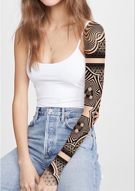 Geometric Arm Tattoos For Women, Tattoo Manga Mujer, Geometric Shoulder Tattoo, Tattoo Brazo Mujer, Ornamental Dotwork, Geometric Tattoo Filler, Stripe Tattoo, Shoulder Cap Tattoo, Mangas Tattoo