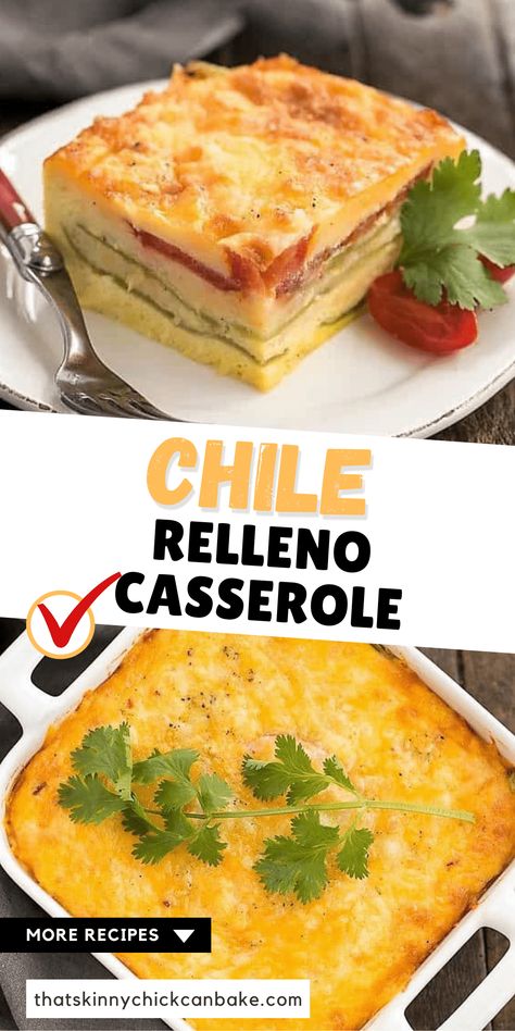 Low Carb Chili Relleno Casserole - Layers of gooey cheese, eggs, tomatoes and peppers make for an irresistible Tex-Mex dish! #casserole #eggs #breakfast #brunch #TexMex #cheddar #greenchiles #meatless #vegetarian #thatskinnychickcanbake Low Carb Chili Relleno, Chili Relleno Casserole, Relleno Casserole, Chile Relleno Casserole, Chili Relleno, Chicke Recipes, Low Carb Chili, Pepper Recipes, Brunch Inspiration