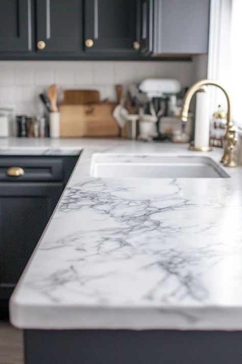 "Elevate your surfaces with DIY Faux Marble Countertops! 🛠️✨ Perfect for a chic and affordable home upgrade. 🌿✨ #DIYHomeDecor #MarbleDesign #DIYCountertops" Small Countertop Ideas, White Marble Countertops Kitchen, Cheap Countertop Ideas, Faux Marble Countertops, White Marble Kitchen Countertops, Diy Faux Marble, Counter Ideas, White Marble Kitchen, Marble Countertops Kitchen