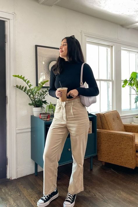 Beige Ribbed Pants Outfit, Black Mock Neck Top Outfit Layered, Black High Neck Top Outfits, Black High Neck Outfit Winter, Ribbed Top Outfit Long Sleeve, Black High Neck Outfit, Long Sleeve Black Top Outfit, Black Mock Neck Top Outfit, Tan Corduroy Pants Outfit