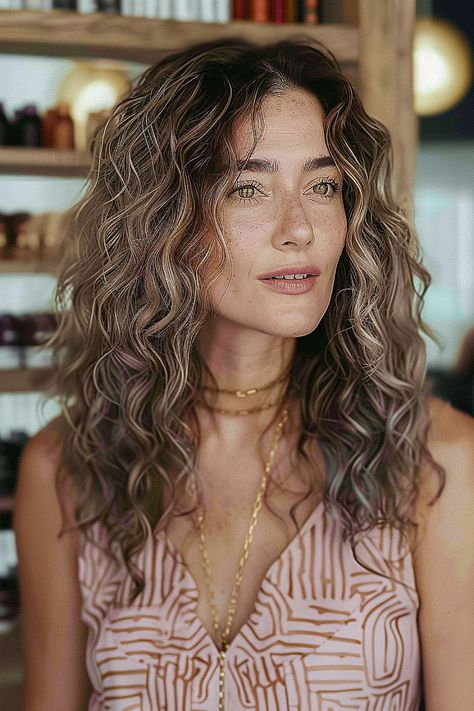 The Best Medium-Length Layered Haircuts Crimped Hairstyles Wavy, Face Framing Layers Medium Wavy Hair, Soft Perms For Medium Length Hair, Curly Hair With Layers Medium Length, Medium Length Haircut Curly Hair, Mid Length Curly Hair With Layers, Mid Length Wavy Haircuts, Medium Length Curly Haircuts, Shades Of Brunette